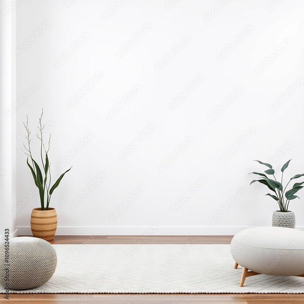 Two potted plants and two poufs on a rug in a white room. Two potted plants and two poufs on a rug in a white room.