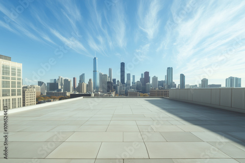 Empty Rooftop with City Skyline and Clear Blue Sky