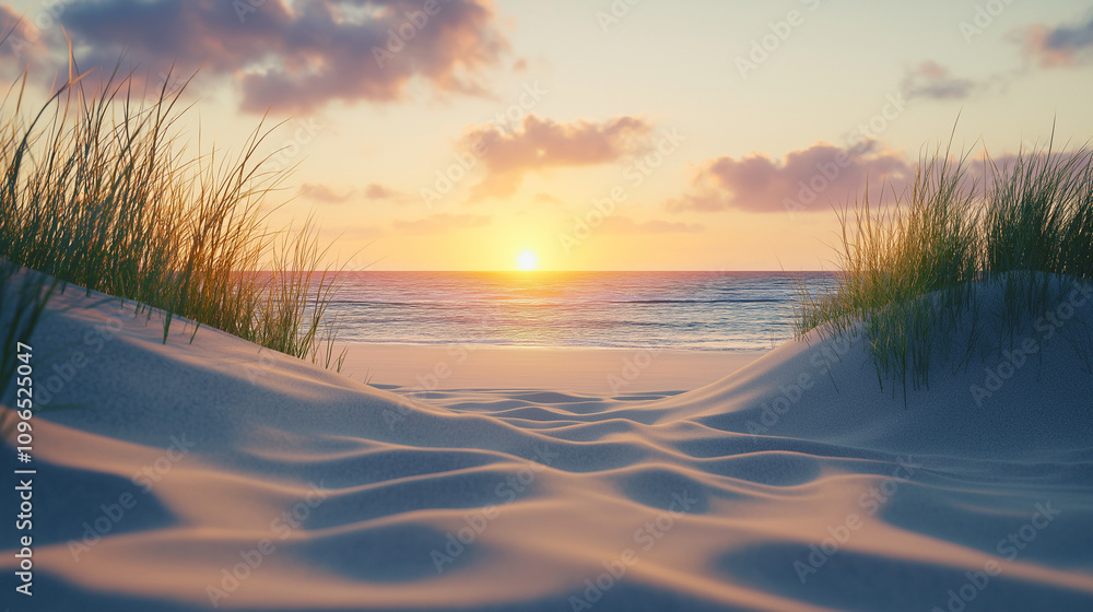 A serene beach scene at sunset, with soft sand dunes and tall grasses leading to the calm sea. The sun casts long shadows across the white sandy shore as it sets behind the horizon A serene beach scene at sunset, with soft sand dunes and tall grasses leading to the calm sea. The sun casts long shadows across the white sandy shore as it sets behind the horizon