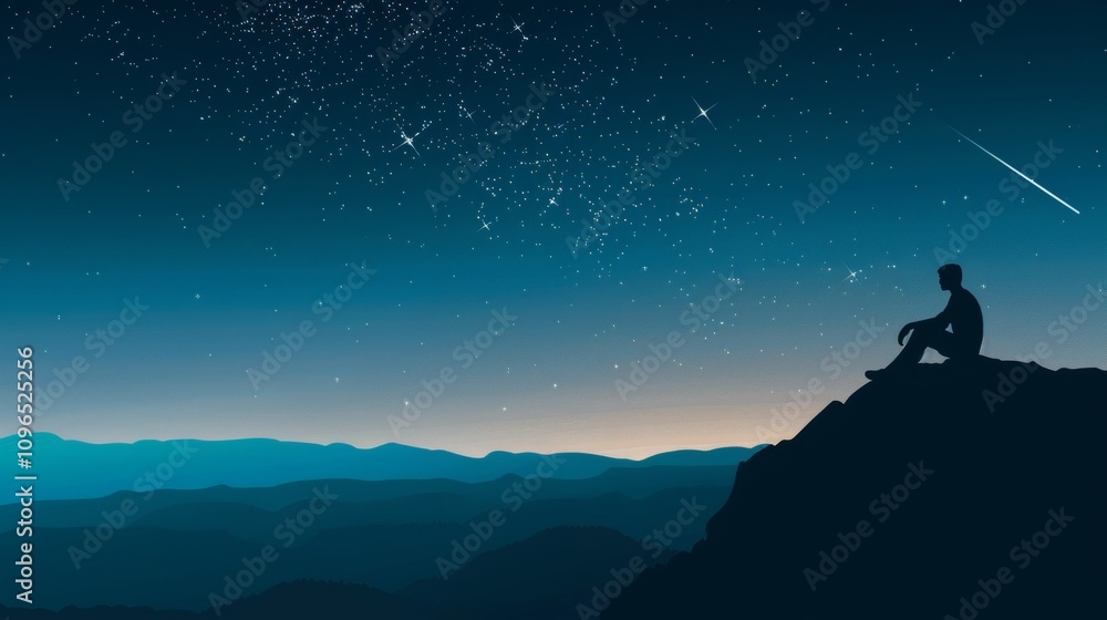 Silhouette of man sitting on mountain and night sky with shooting star. Alone concept Silhouette of man sitting on mountain and night sky with shooting star. Alone concept