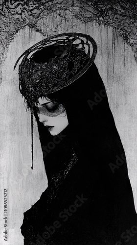 High-Contrast Black-and-White Portraits of a Woman with an Intricate Gothic Headpiece, Highlighting Dark Elegance, Mystery, and Artistic Fantasy photo