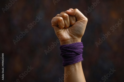 Dramatic shot of a clenched fist with a purple wrap against a dark background