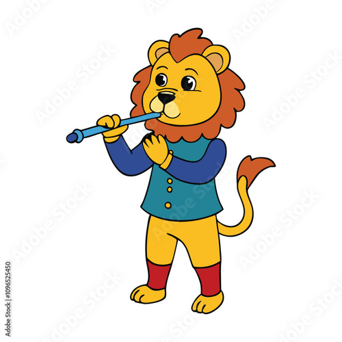A lion gracefully plays a flute, its golden mane flowing with the breeze. The scene is peaceful, with the lion's music blending into the natural surroundings, creating harmony.