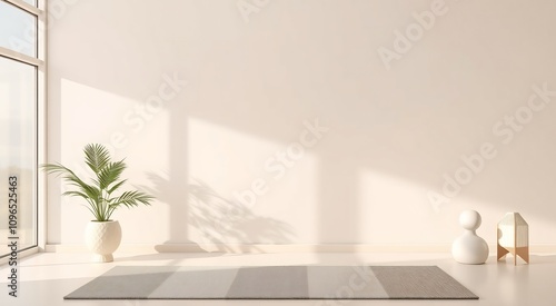 Minimalist living room with a rug, plant, and two decorative items.