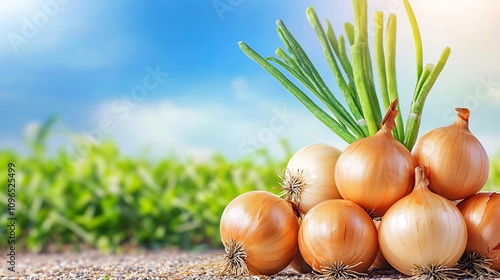 Freshly Harvested Onions with Green Tops in Cultivated Field under Blue Sky