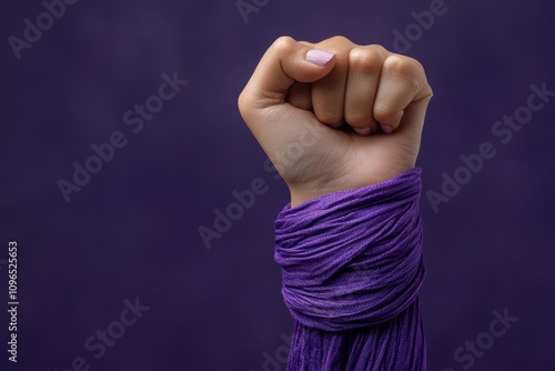 Close-up of a clenched fist wrapped in purple fabric on a purple background