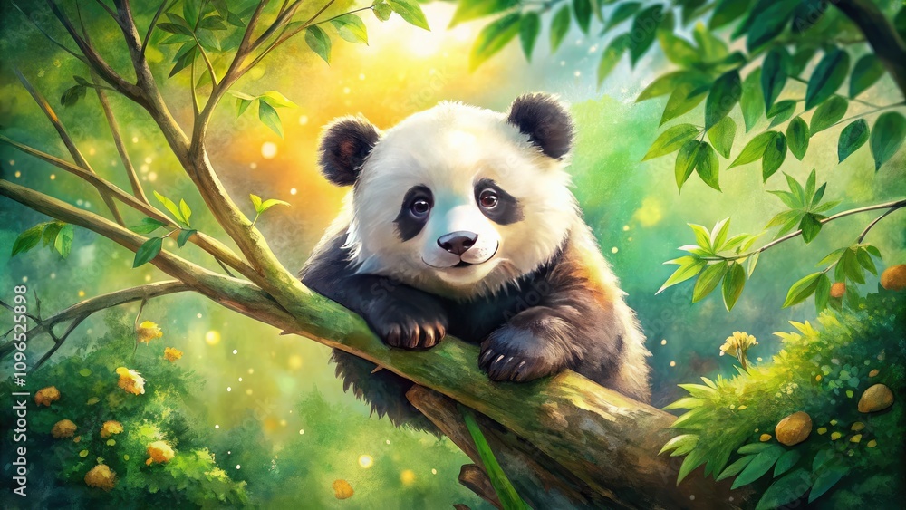 Fototapeta premium Delightful watercolor art featuring a cute panda cub playfully clinging to a tree, surrounded by a colorful forest scene, celebrating the beauty of nature and wildlife.
