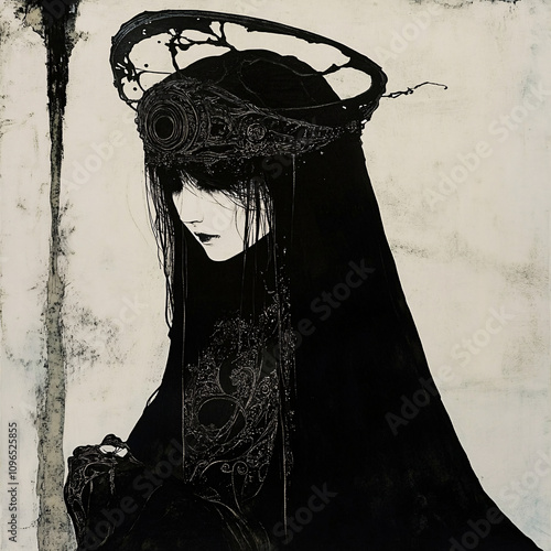 High-Contrast Black-and-White Portraits of a Woman with an Intricate Gothic Headpiece, Highlighting Dark Elegance, Mystery, and Artistic Fantasy photo