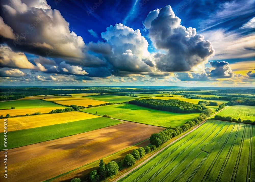 Obraz premium Aerial View of Expansive Open Field Under Dramatic Cloudy Blue Skies Showcasing Nature's Beauty and Serenity in a Breathtaking Landscape Photography Scene