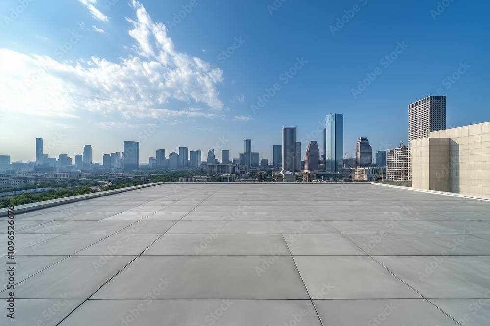 Empty Rooftop with City Skyline and Clear Blue Sky
