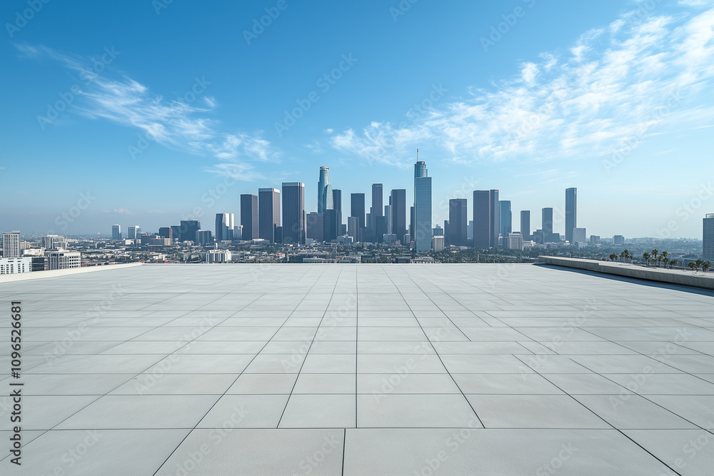 Empty Rooftop with City Skyline and Clear Blue Sky Empty Rooftop with City Skyline and Clear Blue Sky