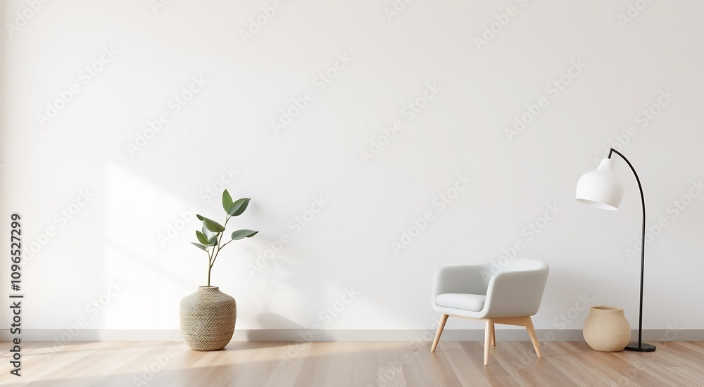 Minimalist living room with a white armchair, a floor lamp, and a plant in a woven vase. Minimalist living room with a white armchair, a floor lamp, and a plant in a woven vase.