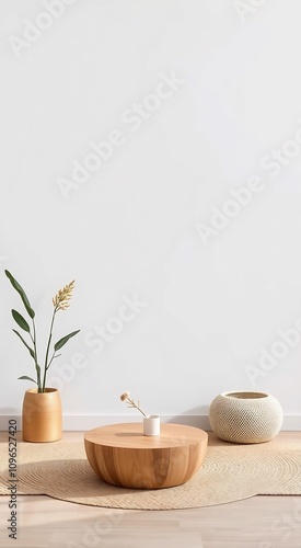 Minimalist living room interior with a wooden coffee table, a plant, a woven basket and a rug on a light wood floor.