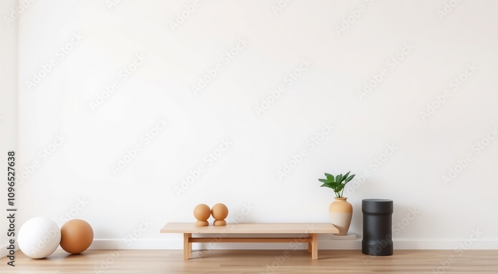 Modern minimalist living room with a wooden bench, plant, and two orbs. Modern minimalist living room with a wooden bench, plant, and two orbs.