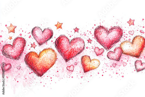 Colorful hearts and stars create joyful celebration of love, perfect for romantic occasions. This vibrant design features various heart shapes and playful splashes