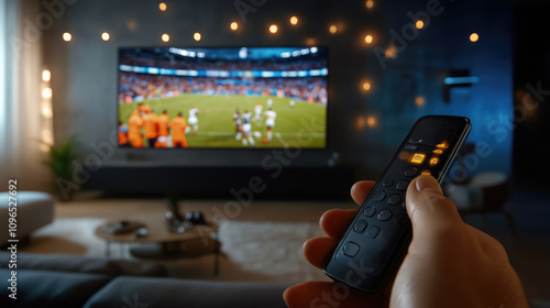 Person watch football, soccer game pov. Cozy living room with large TV displaying sports event. Man hand holds remote control. Baseball fan take bet. Home television entertainment. First point of view photo