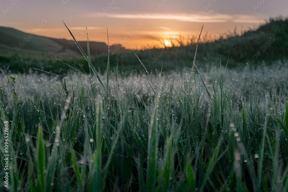 Morning Sunlight on Dew-Covered Meadow with Tall Grass Morning Sunlight on Dew-Covered Meadow with Tall Grass