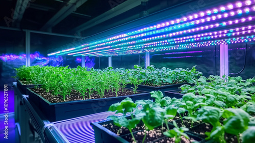 vibrant indoor vertical farm showcases thriving plants under LED lights, utilizing hydroponic systems for efficient growth. lush greenery contrasts with modern technology photo