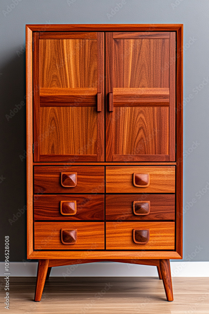 Modern brown wooden dresser on a gray-themed interior space. Modern brown wooden dresser on a gray-themed interior space.