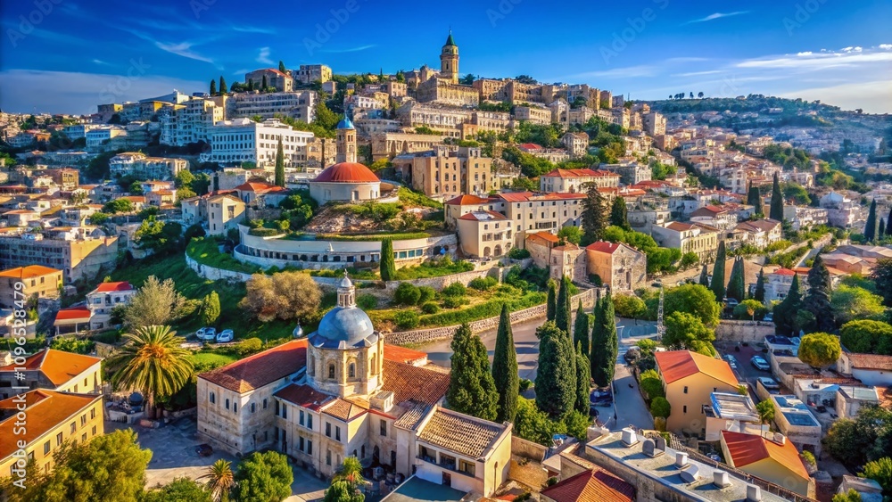 Fototapeta premium Aerial View of Nazareth, Israel: Captivating Landscape of the Ancient City with Stunning Architecture, Vibrant Streets, and Lush Surroundings under a Clear Blue Sky