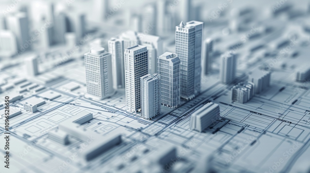 Skyscrapers on the blueprint. Construction concept isolated white background. 3d illustration Skyscrapers on the blueprint. Construction concept isolated white background. 3d illustration