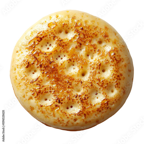 Top view of a hyperrealistic crumpet bread isolated on a white transparent background