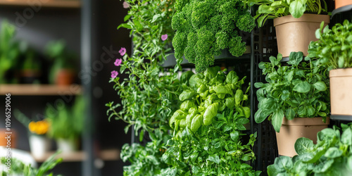 Vertical indoor hydroponics garden with mix of herbs, showcasing lush greenery and vibrant growth in modern setting. arrangement highlights efficient use of space and sustainable gardening