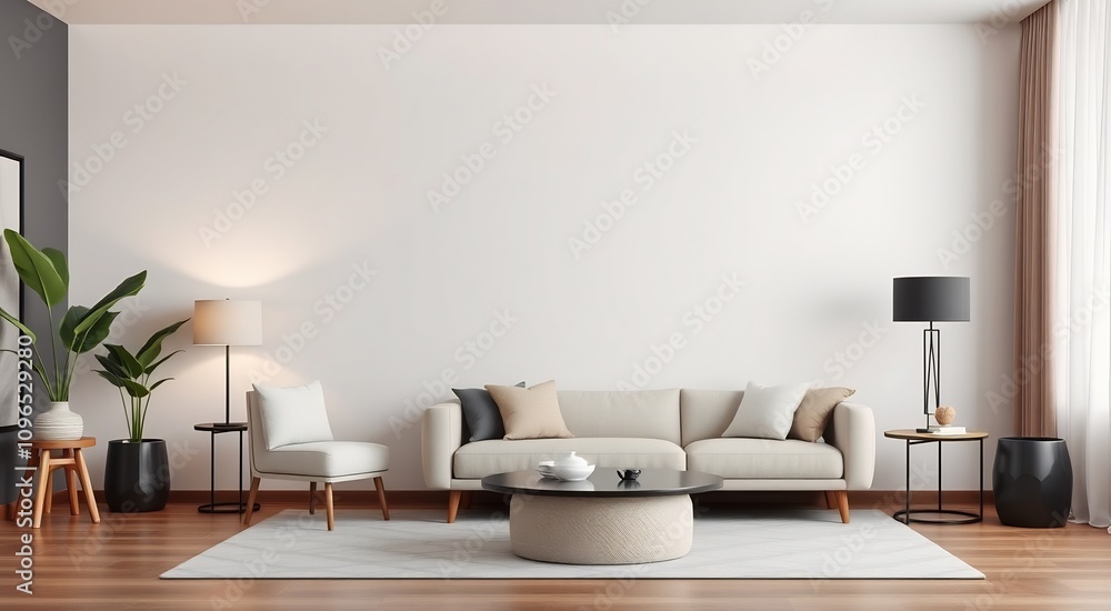 Minimalist living room with white sofa and two lamps. Minimalist living room with white sofa and two lamps.