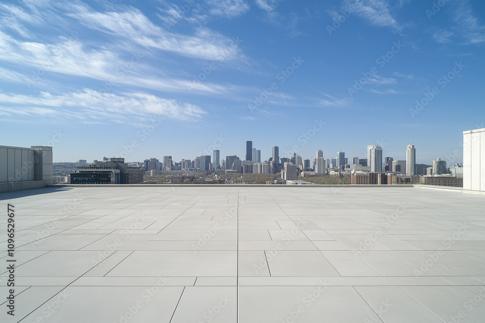 Obraz premium Empty Rooftop with City Skyline and Clear Blue Sky