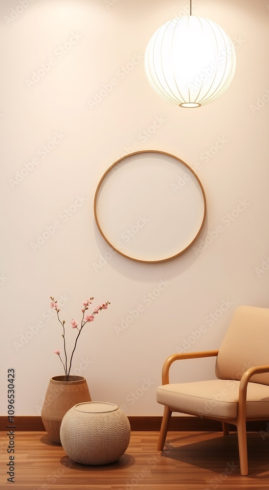 Minimalist living room interior design with a round wooden frame, chair, and a vase of pink flowers. Minimalist living room interior design with a round wooden frame, chair, and a vase of pink flowers.