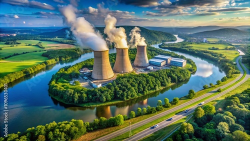 Aerial View of Three Mile Island Nuclear Power Plant Surrounded by Lush Green Landscape and Calm Waters, Captured with Drone Photography for Environmental and Energy Studies photo