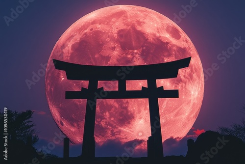 Majestic Torii Gate and Pink Supermoon - Serene Japanese torii gate silhouetted against a vibrant pink supermoon, symbolizing peace, spirituality, nature, tradition, and mystery. photo