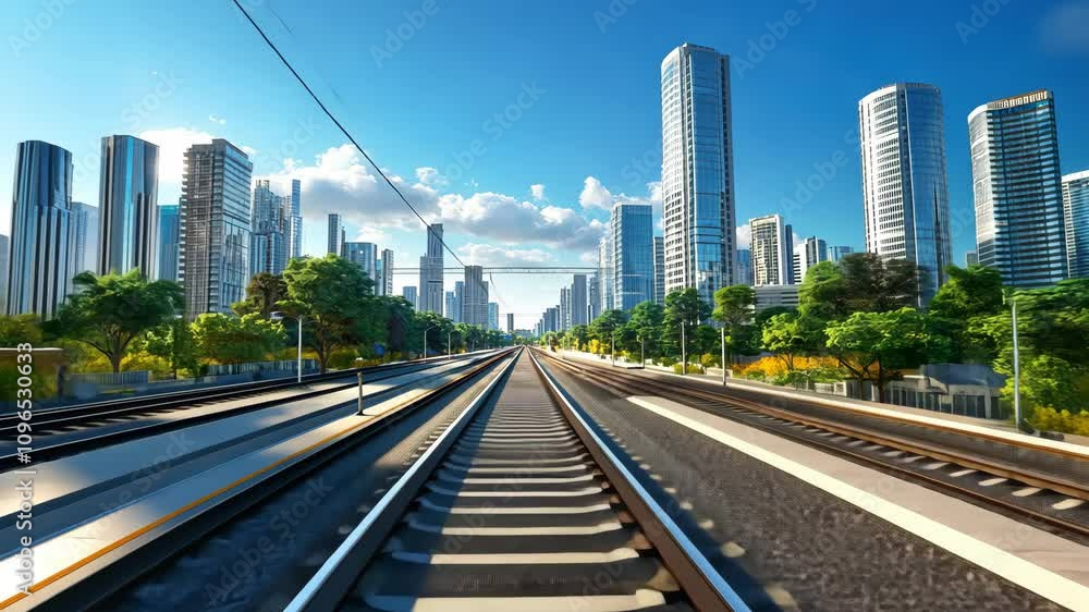 Vibrant Urban Landscape with Modern Skyscrapers and Railway Tracks Under Bright Sky Vibrant Urban Landscape with Modern Skyscrapers and Railway Tracks Under Bright Sky