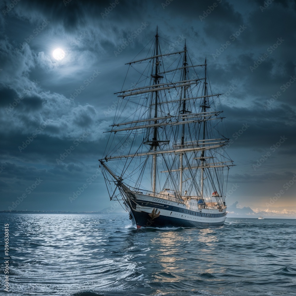 Sailing ship with tall masts sails on a tumultuous sea, the soft glow of the moon in the night sky with silvery reflection on the water at an impending storm. Sailing ship with tall masts sails on a tumultuous sea, the soft glow of the moon in the night sky with silvery reflection on the water at an impending storm.