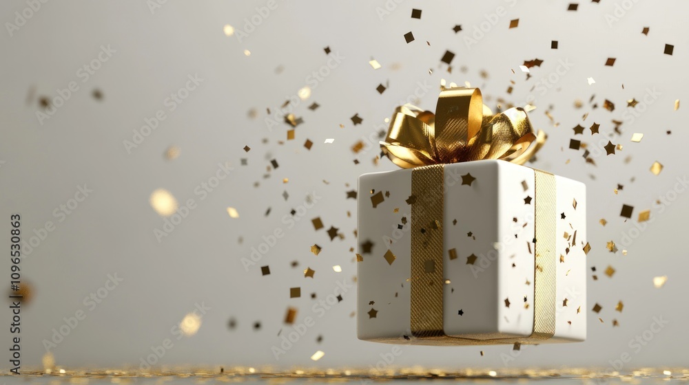 White gift box with gold ribbon and confetti on neutral background White gift box with gold ribbon and confetti on neutral background
