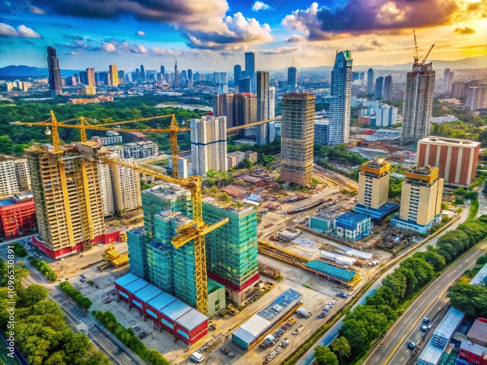 Naklejka premium Aerial View of Urban Development Projects Highlighting Cost Efficiency and Economic Growth in Modern Cities