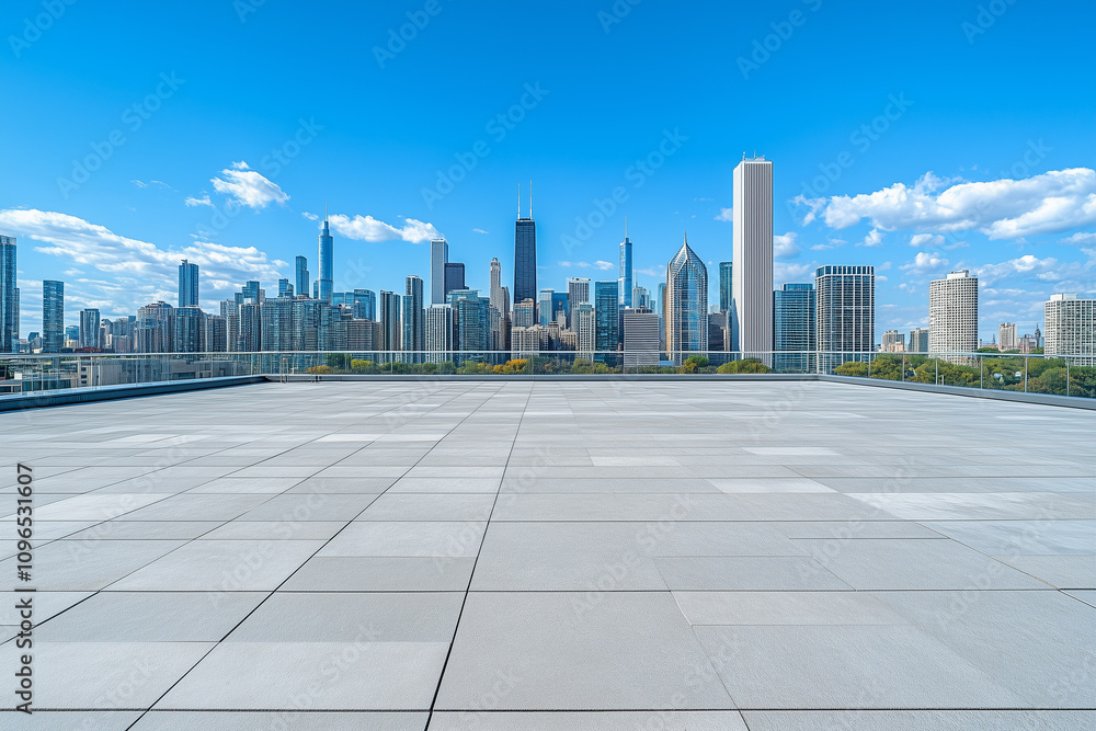 Empty Rooftop with City Skyline and Clear Blue Sky Empty Rooftop with City Skyline and Clear Blue Sky