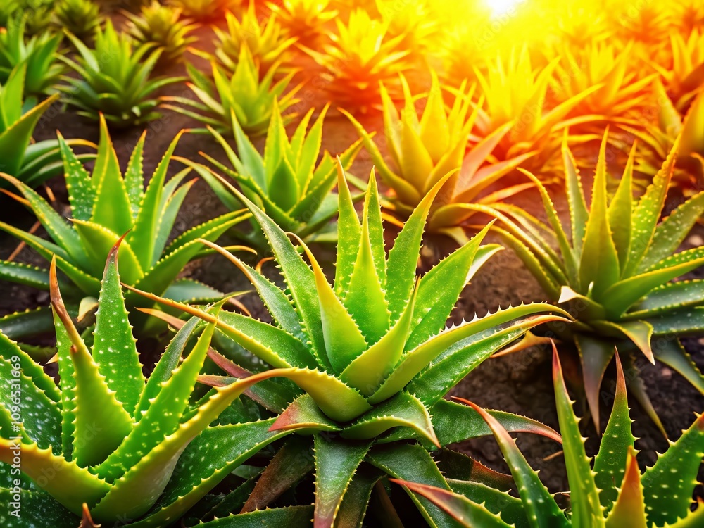 Aerial View of Young Aloe Plants in Lush Green Environment with Sunlight Filtering Through Leaves, Showcasing Vibrant Textures and Colors for Nature Enthusiasts Aerial View of Young Aloe Plants in Lush Green Environment with Sunlight Filtering Through Leaves, Showcasing Vibrant Textures and Colors for Nature Enthusiasts
