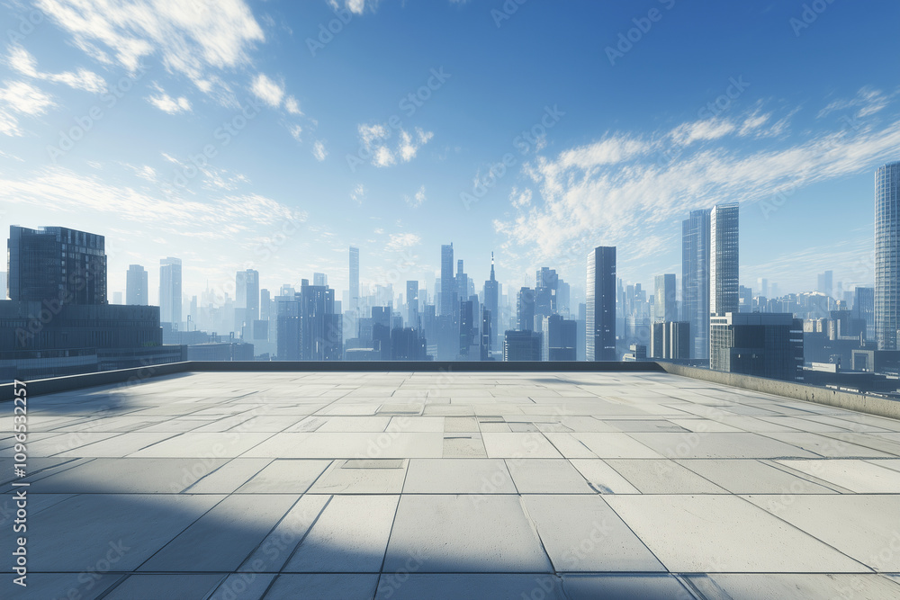 Empty Rooftop with City Skyline and Clear Blue Sky Empty Rooftop with City Skyline and Clear Blue Sky