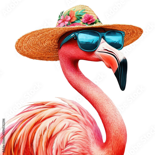 vibrant flamingo wearing straw hat and sunglasses, exuding fun. Isolated on transparent background. photo