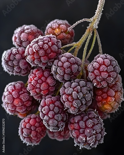 A close-up of frozen raspberries, displaying intricate details of frost on their surface, creating a striking contrast against the dark background.