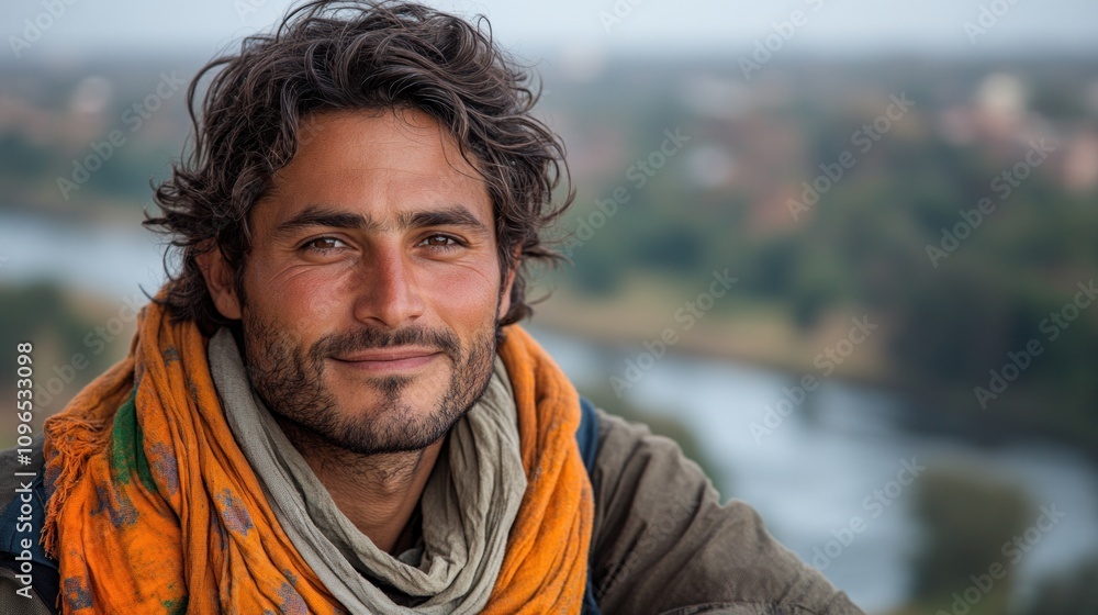 Portrait of a Smiling Man with Brown Curly Hair Wearing an Orange Scarf Portrait of a Smiling Man with Brown Curly Hair Wearing an Orange Scarf