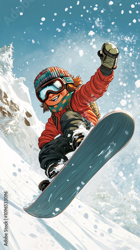 Dynamic Illustrations of Kids Snowboarding Down Snowy Slopes with Vibrant Winter Gear, Capturing Joy, Action, and the Thrill of Winter Sports photo