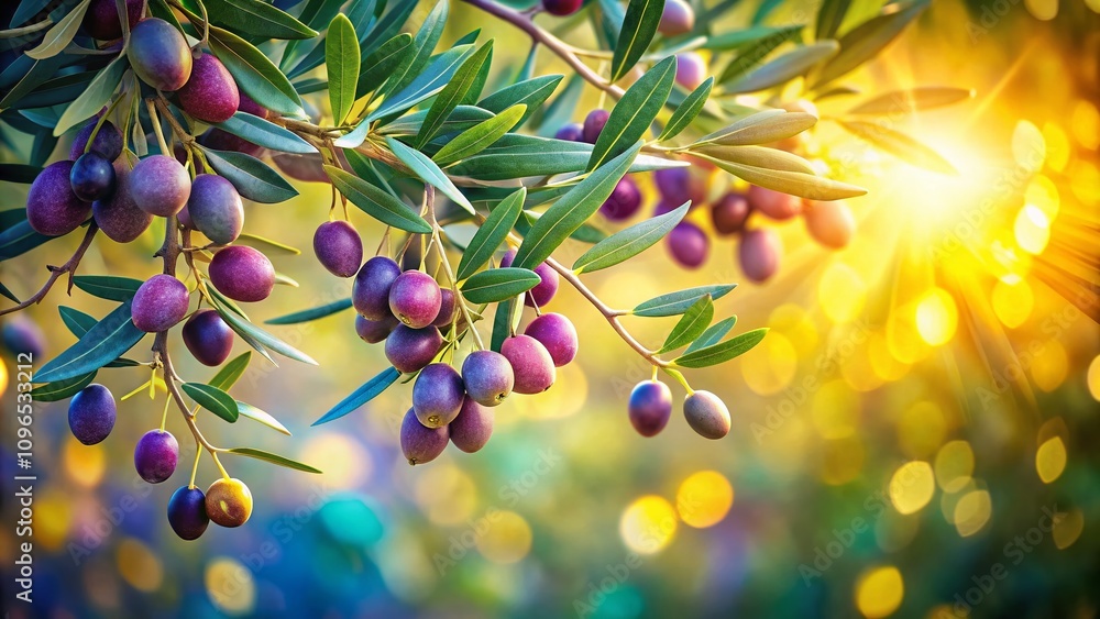 An Olive Tree in Full Bloom with Ripe Olives Ready for Harvest to Create World-Renowned Olive Oil, Captured in a Dreamy Bokeh Effect Enhancing Nature's Beauty An Olive Tree in Full Bloom with Ripe Olives Ready for Harvest to Create World-Renowned Olive Oil, Captured in a Dreamy Bokeh Effect Enhancing Nature's Beauty