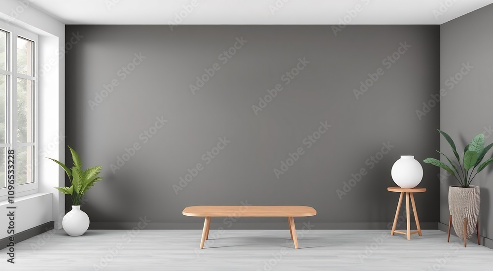 Modern Living Room Interior with Gray Wall and Wooden Coffee Table. Modern Living Room Interior with Gray Wall and Wooden Coffee Table.