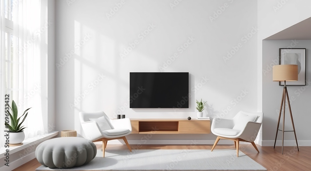 Minimalist living room with a tv, two white chairs, and a floor lamp. Minimalist living room with a tv, two white chairs, and a floor lamp.