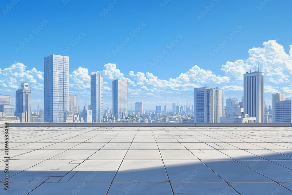 Fototapeta premium Empty Rooftop with City Skyline and Clear Blue Sky