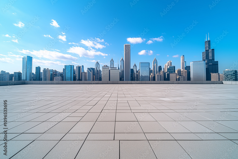 Empty Rooftop with City Skyline and Clear Blue Sky Empty Rooftop with City Skyline and Clear Blue Sky