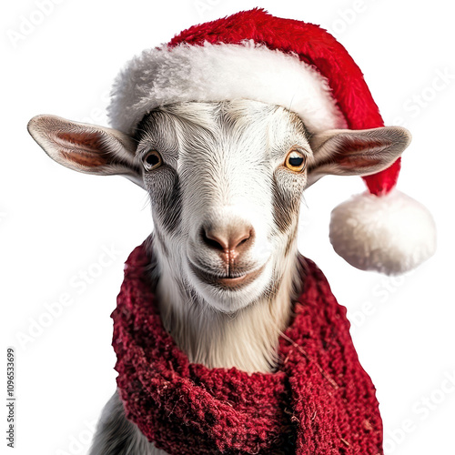 Festive goat wearing Santa hat and scarf, exuding holiday cheer. Isolated on transparent background. photo