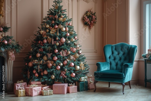 Christmas tree decorated with pink, green, and gold ornaments stands in the corner of an elegant living room with A teal velvet chair is placed nearby